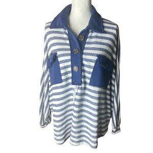 Bucket List Navy Blue Striped Oversized Button Up Fleece Sweater Sweatshirt Sz 2
